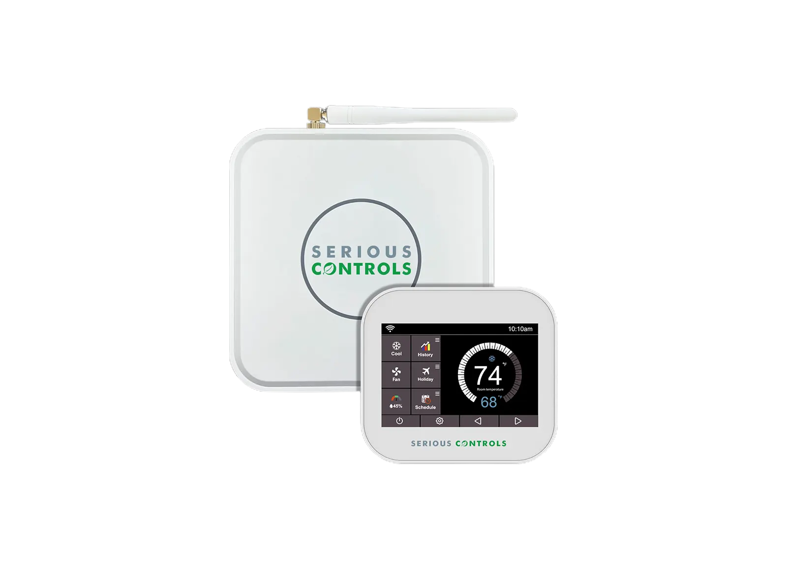 Original Serious Controls thermostat and antenna-equipped device.