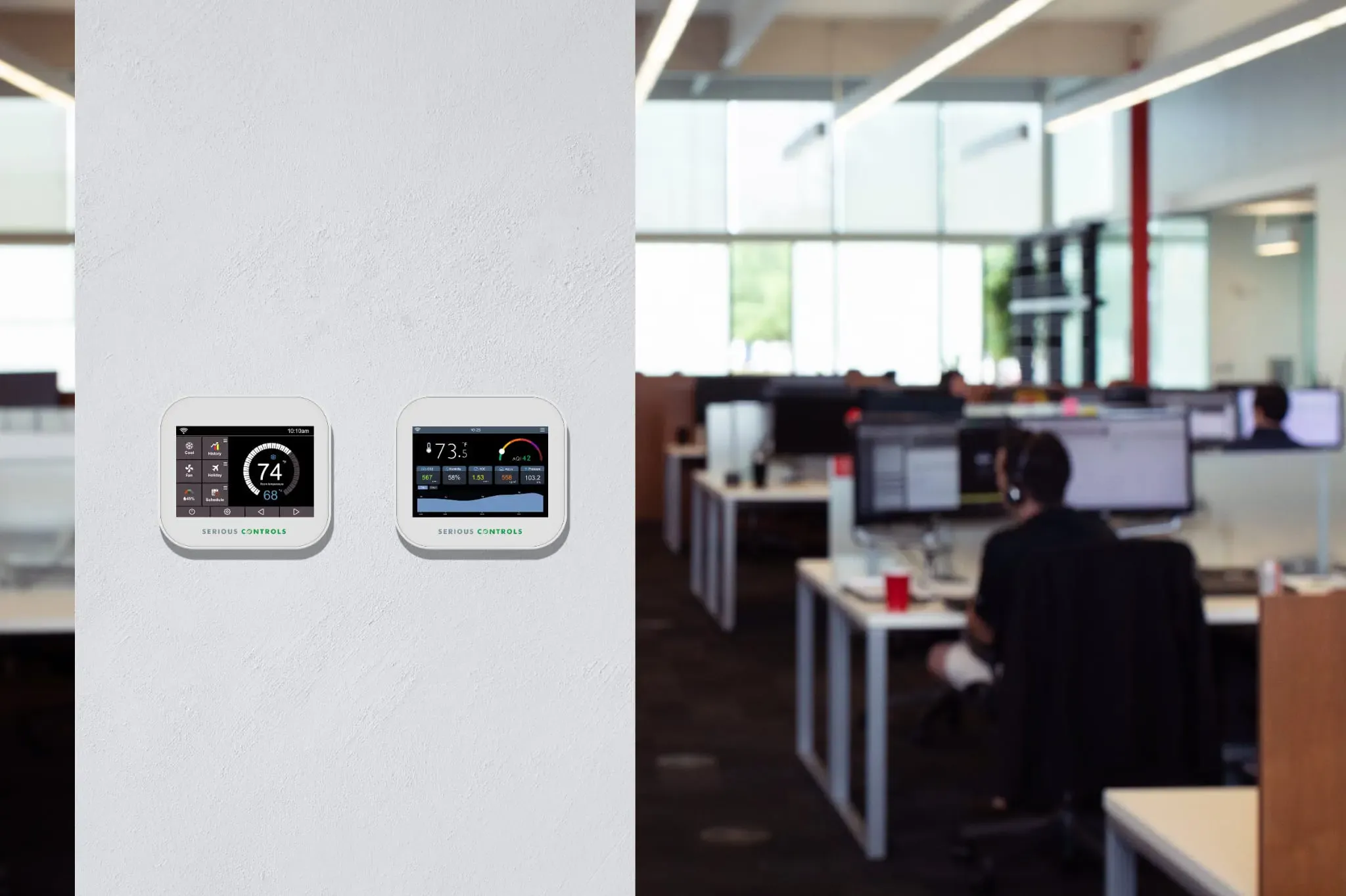 Serious Controls thermostat and IAQ monitor installed in an office
