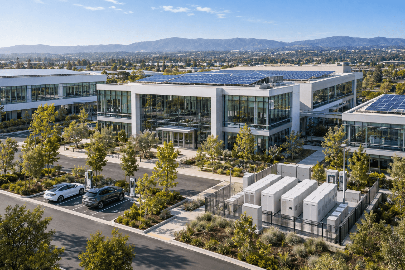 Illustrative commercial campus with rooftop solar, battery storage and electric vehicle charging.