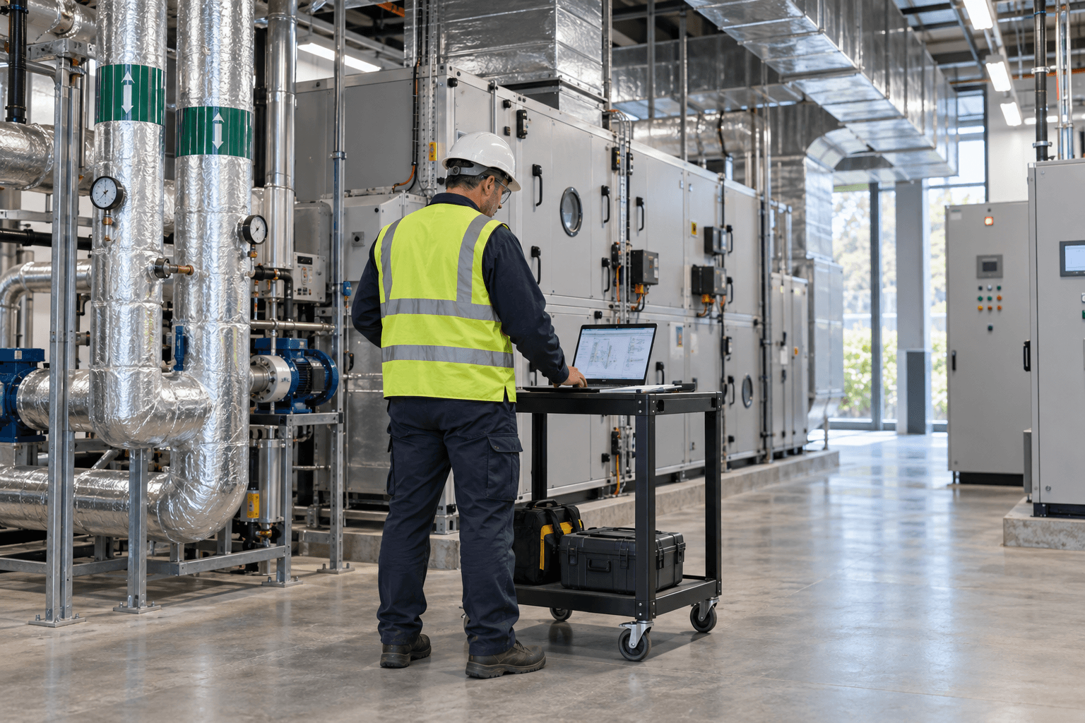 Illustrative facility engineer inspecting equipment in a commercial building mechanical room.