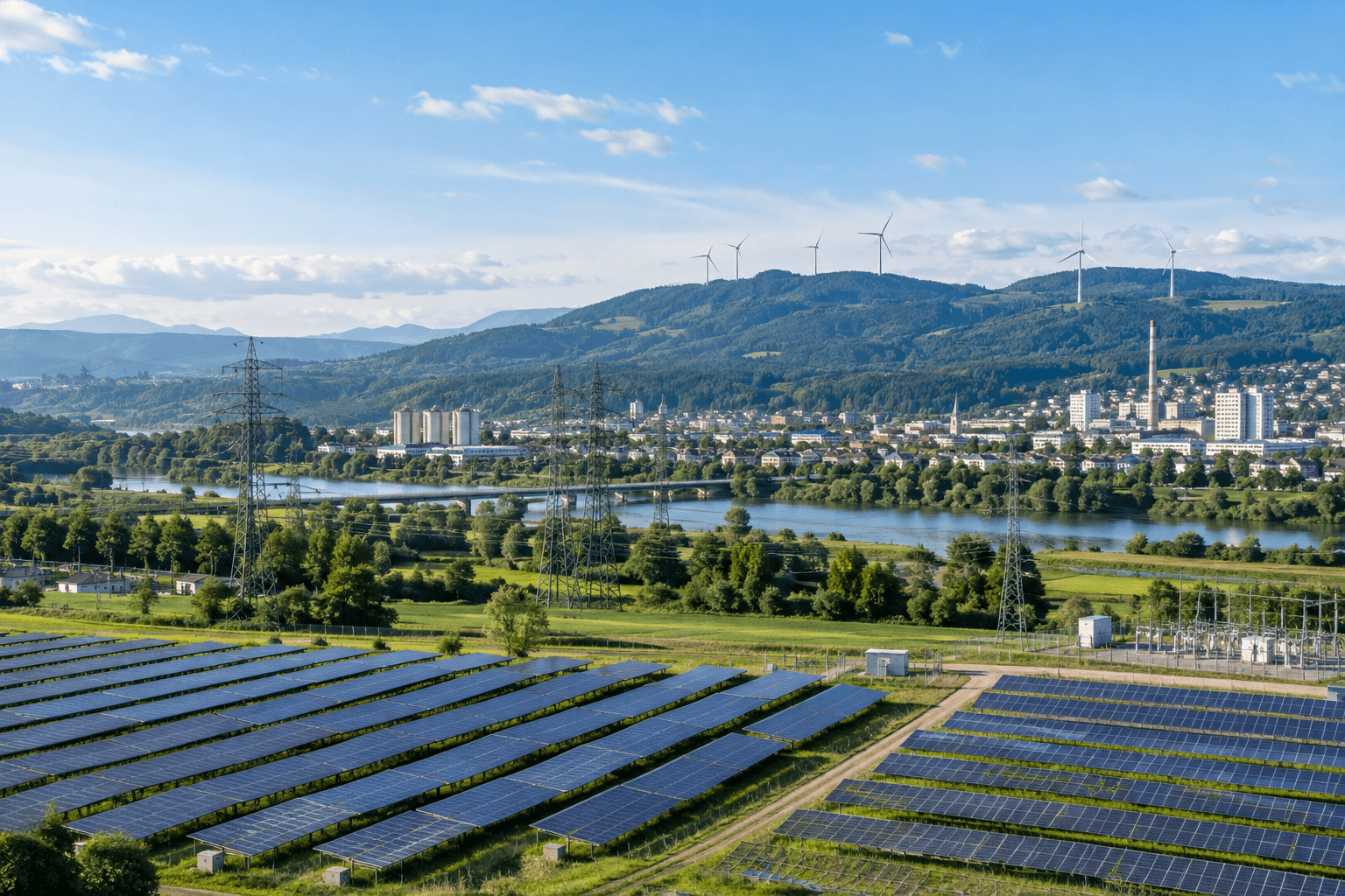 Illustrative solar farm, electricity network and wind turbines near a town.