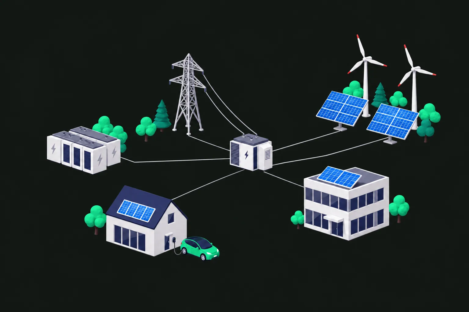 Conceptual distributed energy sites connected through a central network.