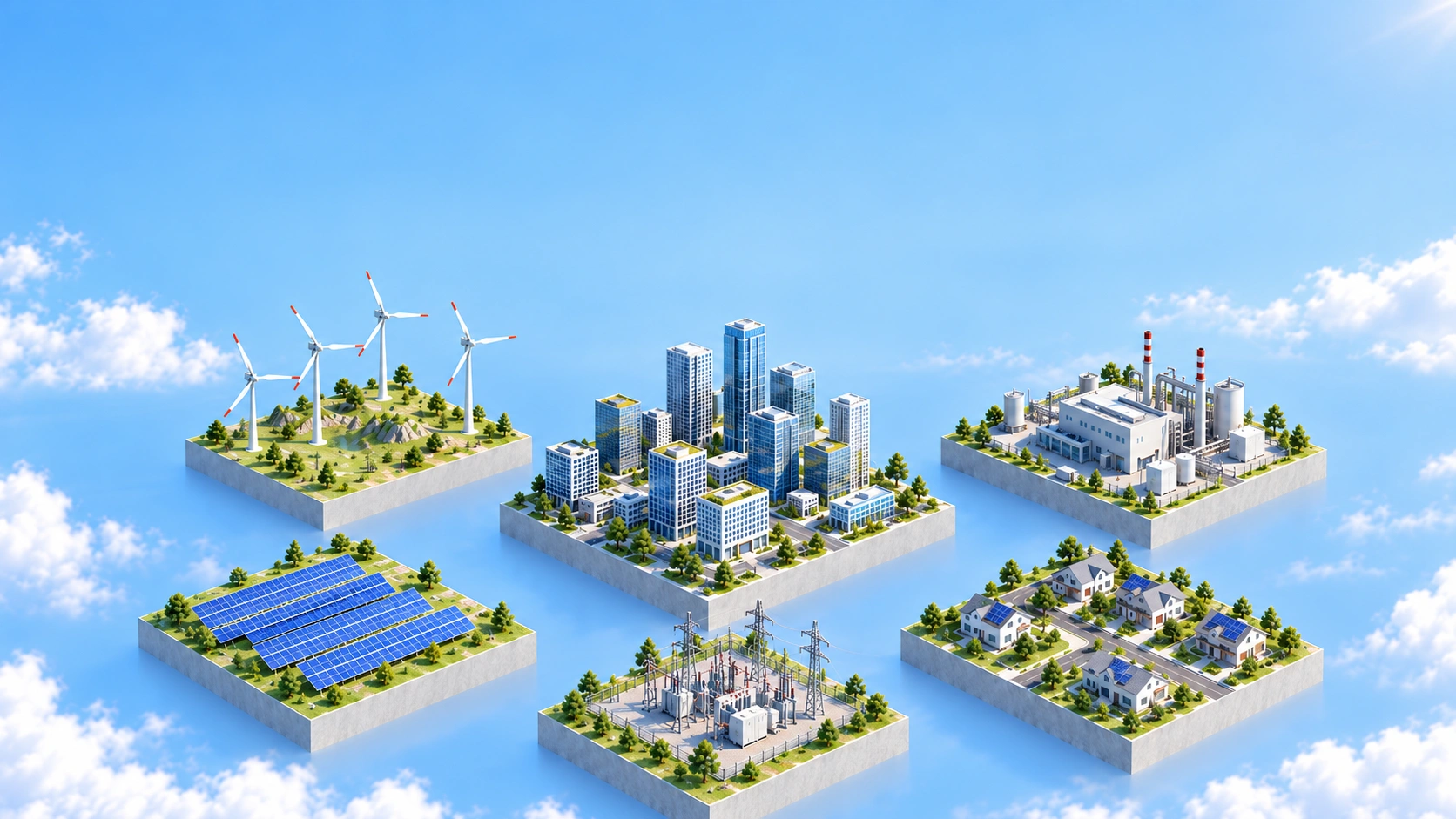 Conceptual energy landscape beneath a bright blue sky, with solar panels, wind turbines, city buildings, homes, industrial facilities and an electrical substation.