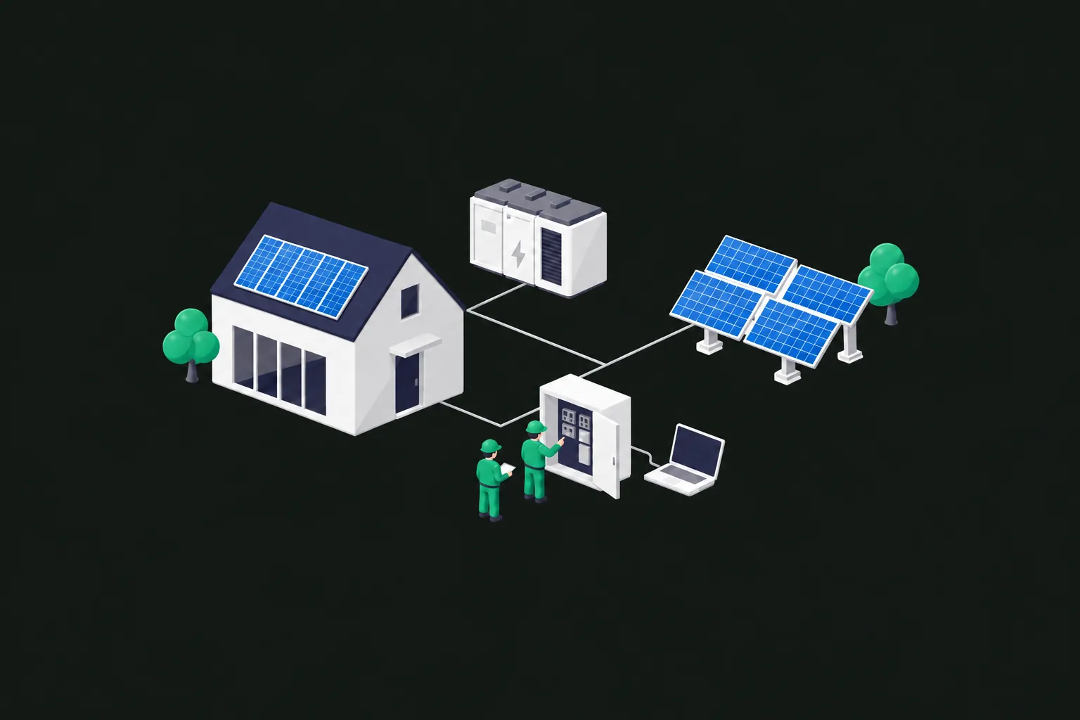 Conceptual clean-energy site planning and commissioning scene.